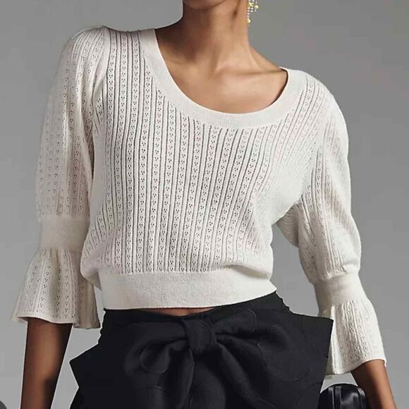 PAIGE Magnolia Ivory Sweater Size Medium Lightweight Sheer Silk Blend Stretch - Picture 8 of 11